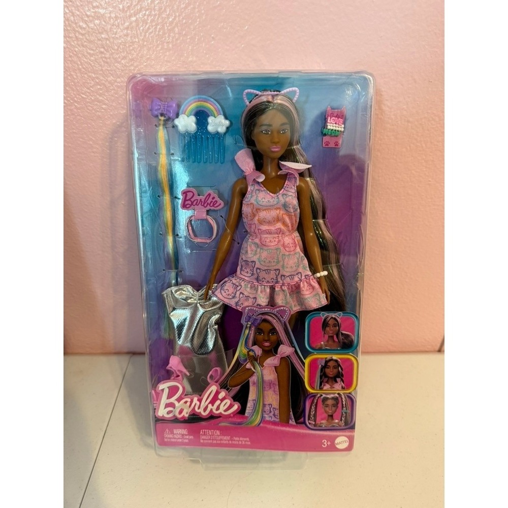 Barbie Fun & Fancy Hair Doll Brunette Pink Cat Print Dress Silver Outfit